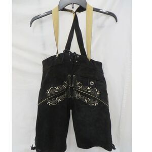 Black Leather German Lederhosen Shorts Embroidered Bavarian Suspenders 32